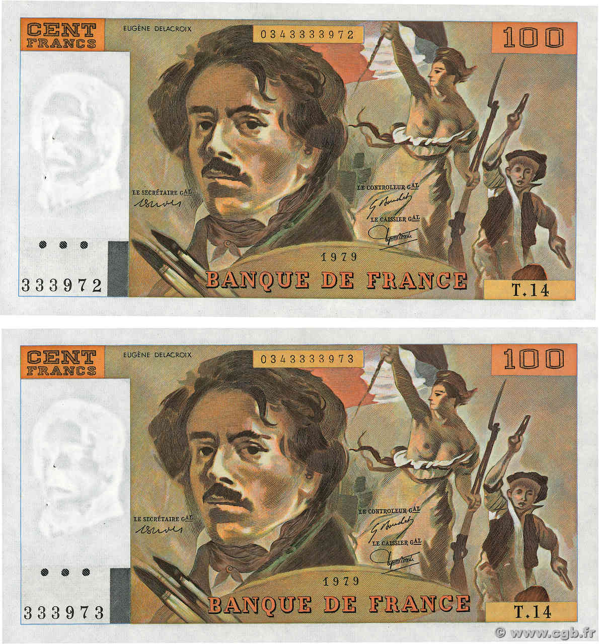 100 Francs DELACROIX modifié Consécutifs FRANCE  1979 F.69.02c pr.SPL