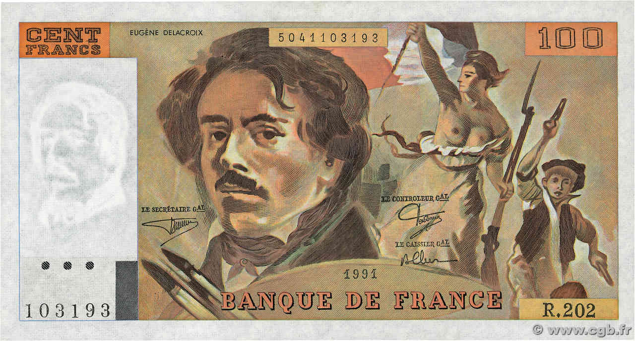 100 Francs DELACROIX imprimé en continu FRANCE  1991 F.69bis.03c1 NEUF