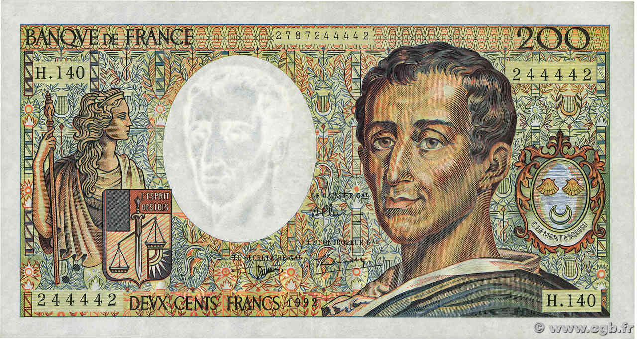 200 Francs MONTESQUIEU Numéro radar FRANCE  1992 F.70.12c VF