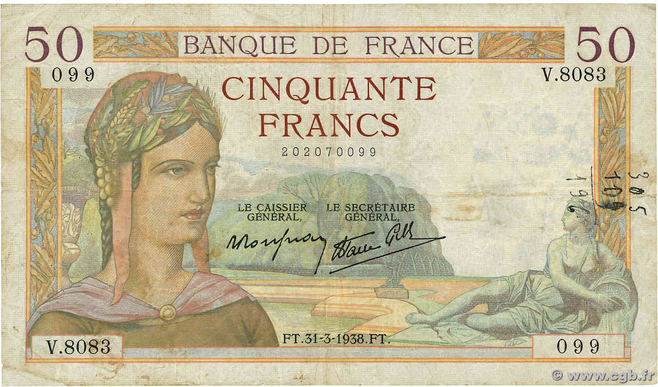 50 Francs CÉRÈS modifié FRANKREICH  1938 F.18.11 SGE