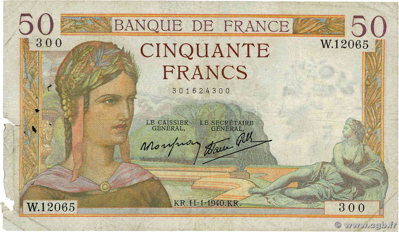 50 Francs CÉRÈS modifié FRANKREICH  1940 F.18.37 SGE