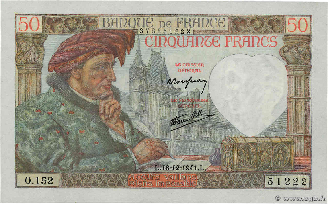 50 Francs JACQUES CŒUR FRANCIA  1941 F.19.17 FDC