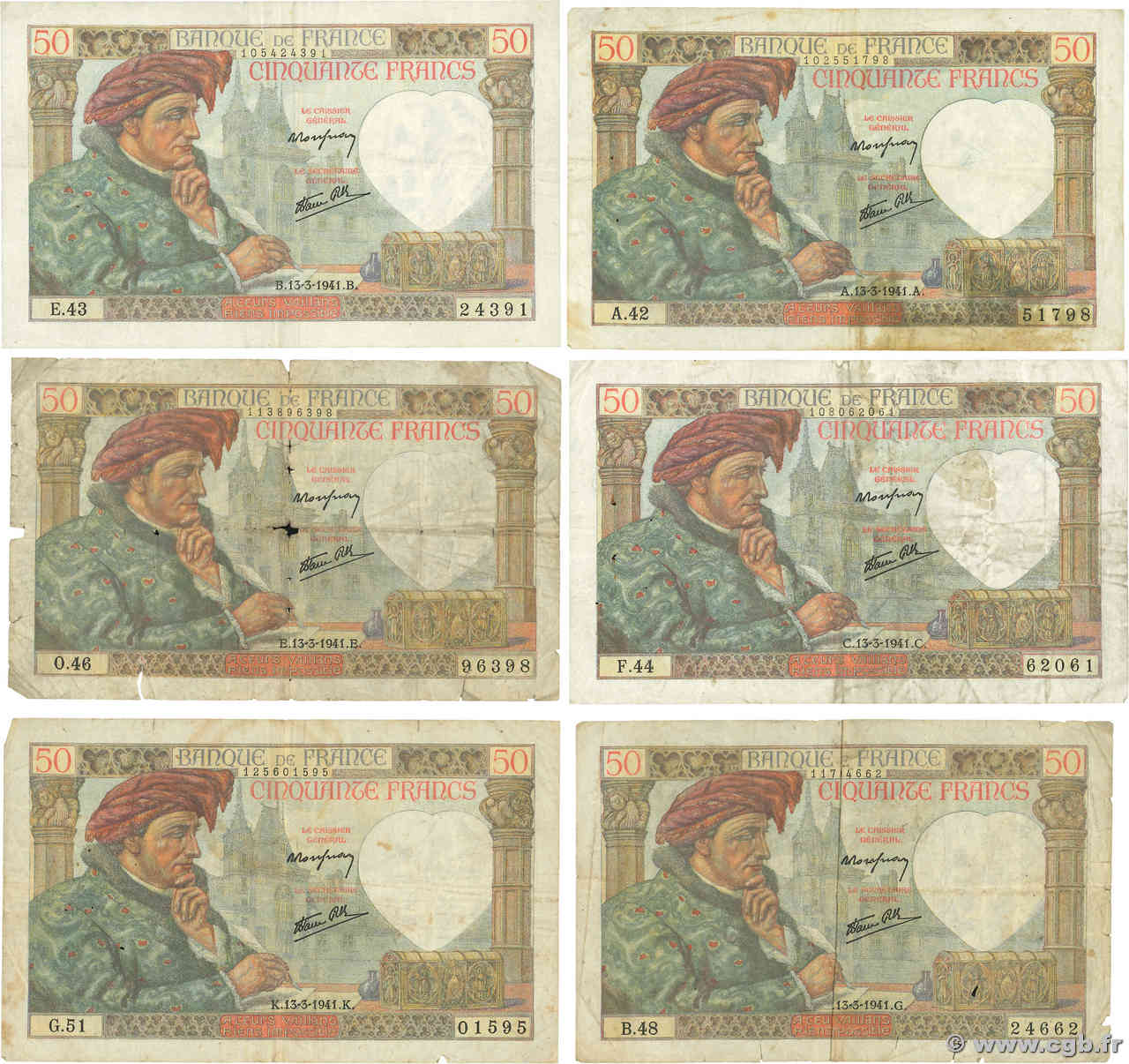 50 Francs JACQUES CŒUR Lot FRANCE  1941 F.19.07 B à TB