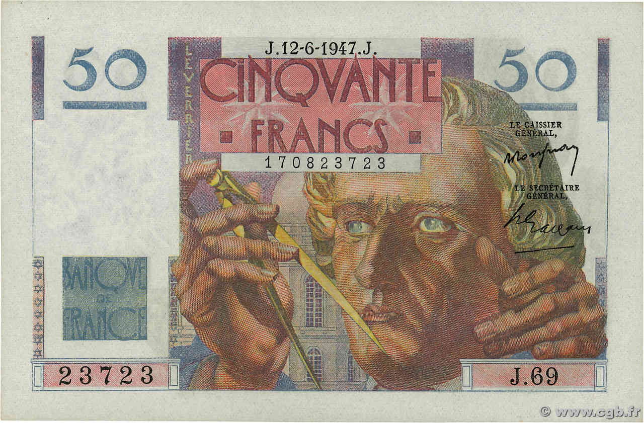 50 Francs LE VERRIER FRANCIA  1947 F.20.08 FDC