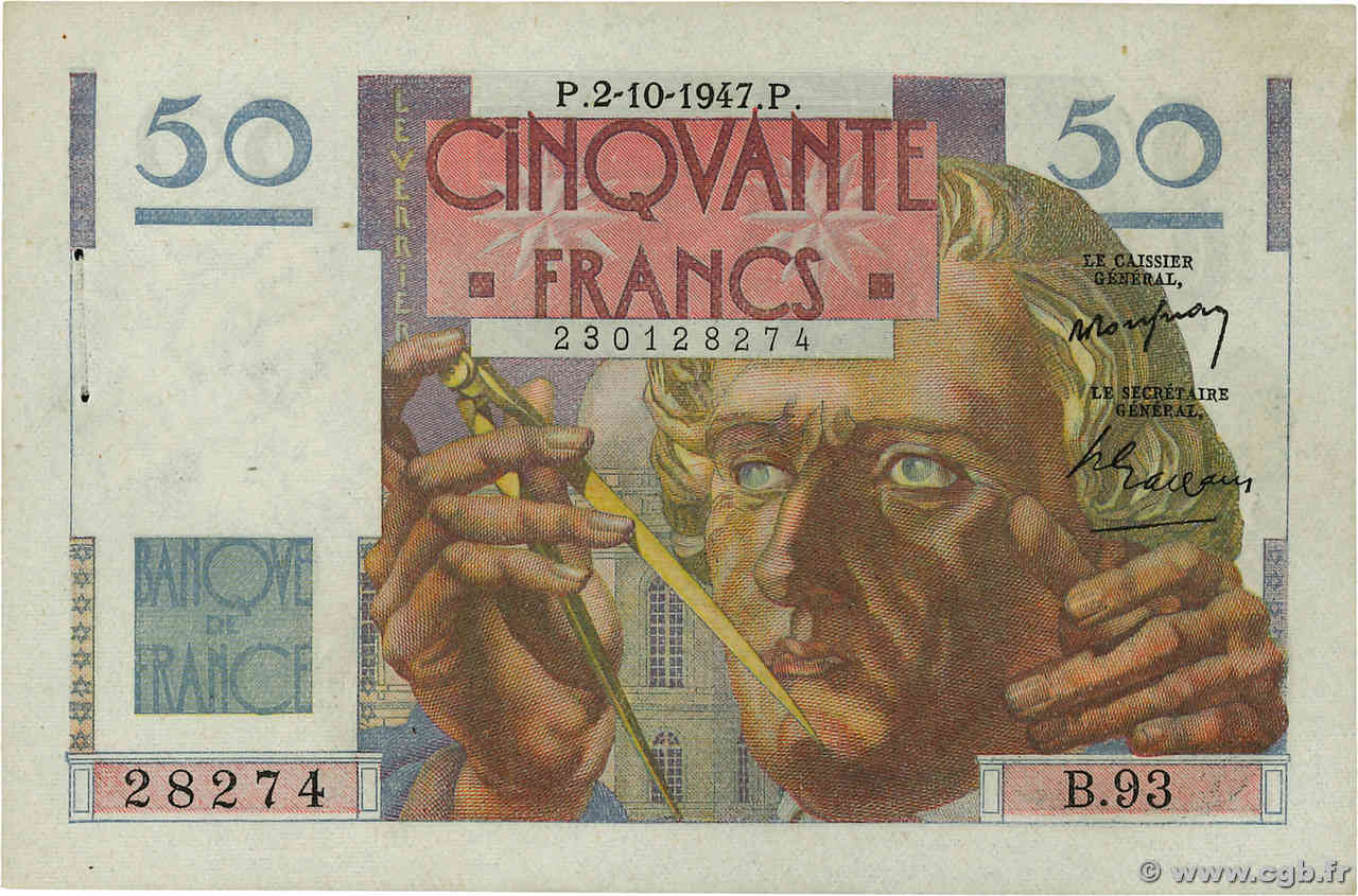 50 Francs LE VERRIER FRANCIA  1947 F.20.09 SC