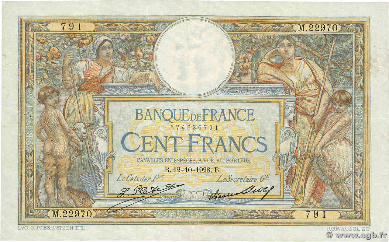 100 Francs LUC OLIVIER MERSON grands cartouches FRANCIA  1928 F.24.07 MBC