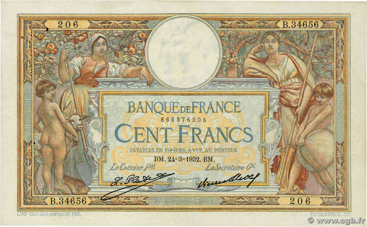 100 Francs LUC OLIVIER MERSON grands cartouches FRANCIA  1932 F.24.11 MBC