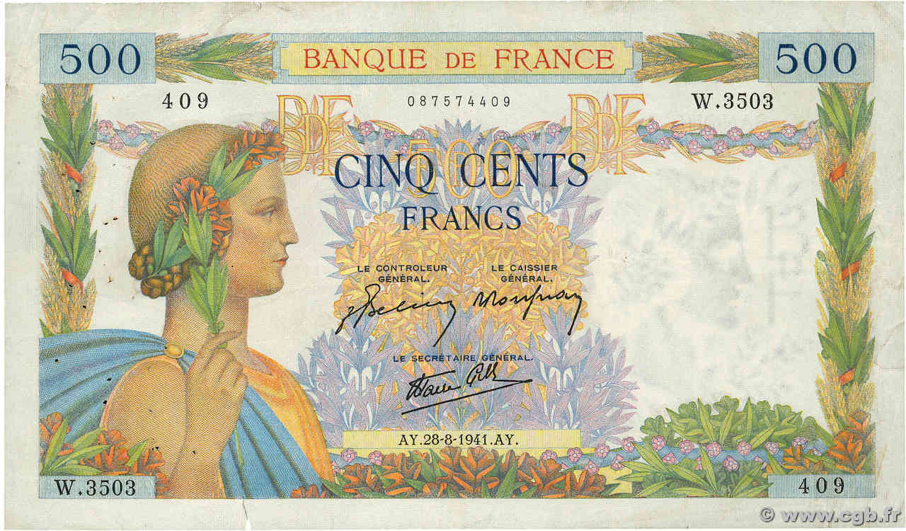 500 Francs LA PAIX FRANKREICH  1941 F.32.21 fSS