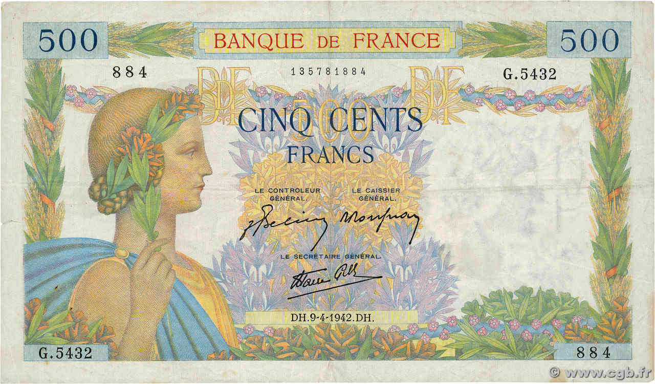 500 Francs LA PAIX FRANCE  1942 F.32.34 TB+