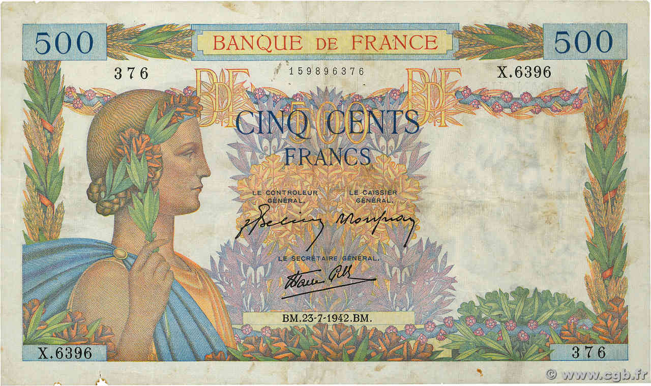 500 Francs LA PAIX FRANCE  1942 F.32.38 F+