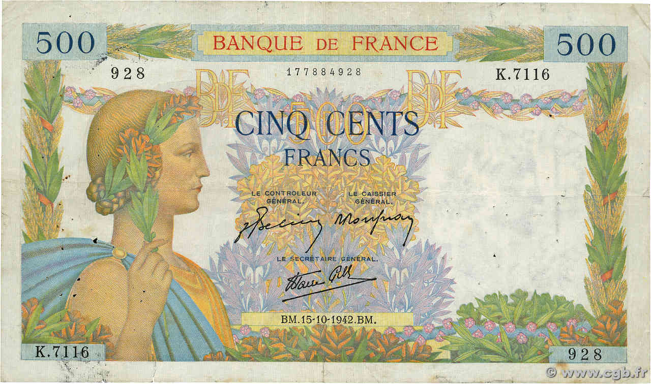 500 Francs LA PAIX FRANCE  1942 F.32.42 TB