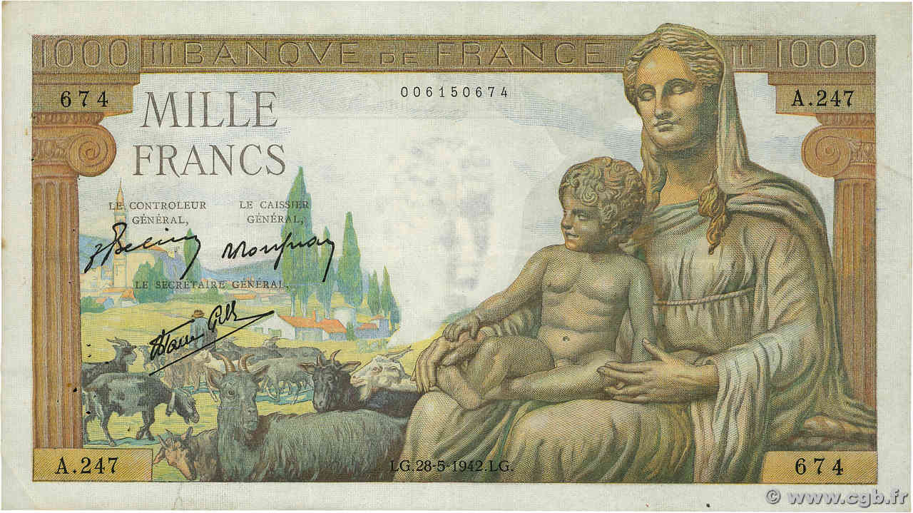 1000 Francs DÉESSE DÉMÉTER FRANCE  1942 F.40.01 TTB+