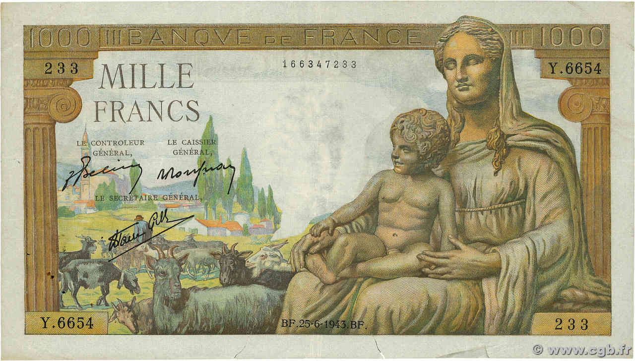 1000 Francs DÉESSE DÉMÉTER FRANCE  1943 F.40.28 VF