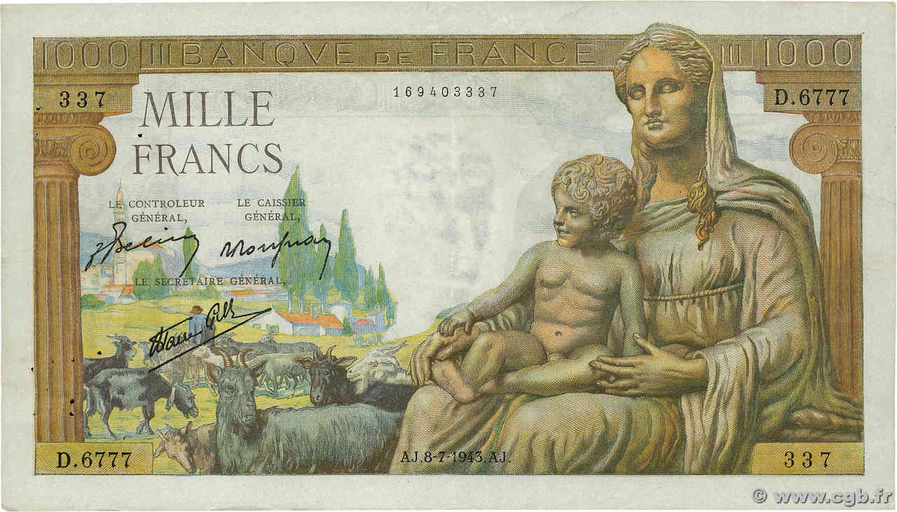 1000 Francs DÉESSE DÉMÉTER FRANKREICH  1943 F.40.29 fVZ