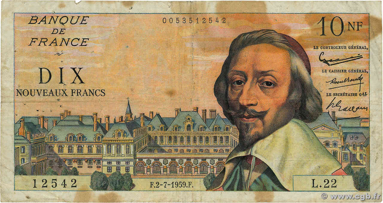 10 Nouveaux Francs RICHELIEU FRANCIA  1959 F.57.02 RC+