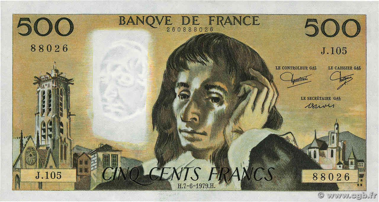 500 Francs PASCAL FRANKREICH  1979 F.71.20 fST+