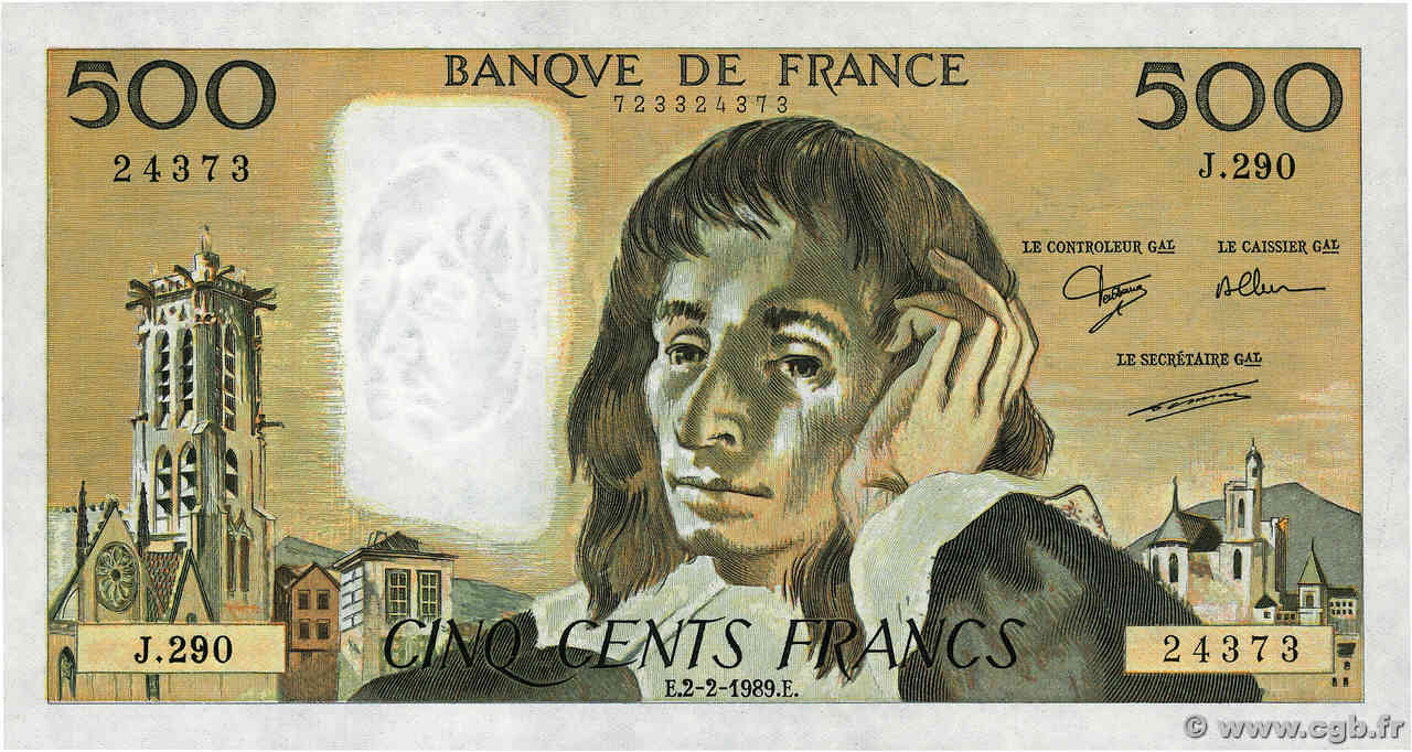 500 Francs PASCAL FRANCE  1989 F.71.40 AU