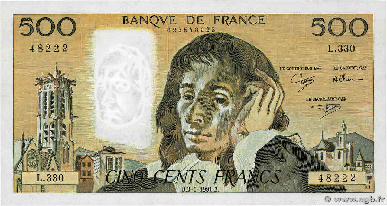 500 Francs PASCAL FRANKREICH  1991 F.71.46 fST+