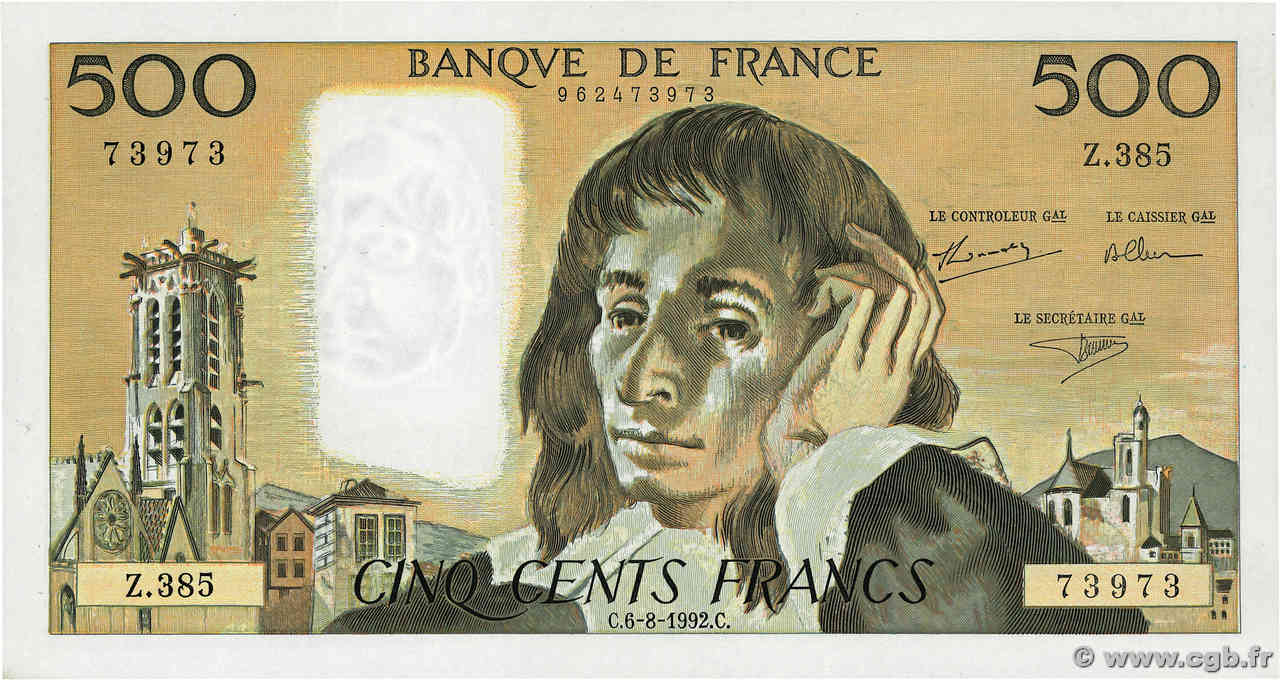 500 Francs PASCAL FRANKREICH  1992 F.71.50 fST