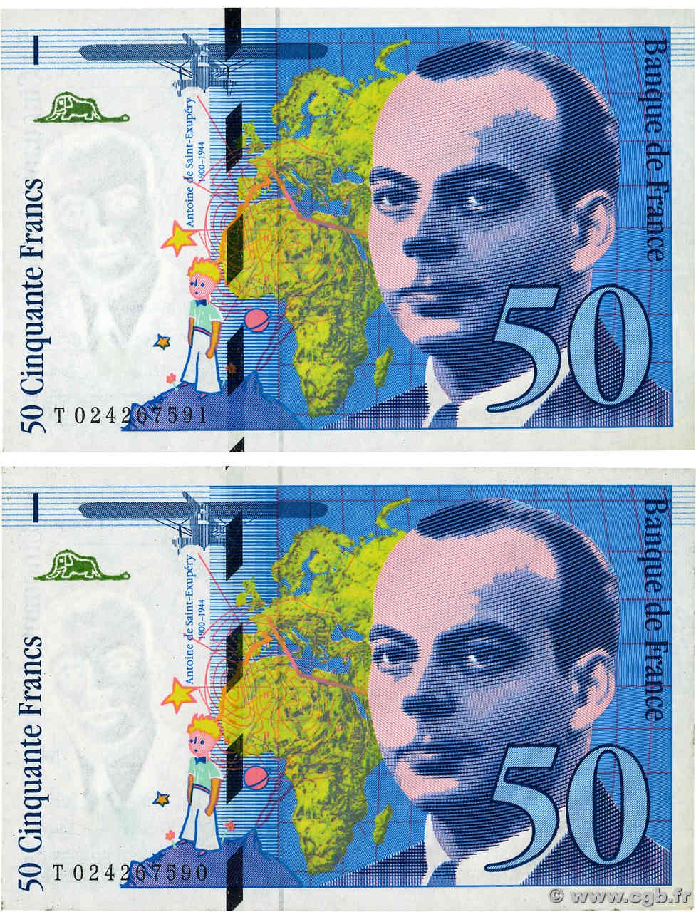 50 Francs SAINT-EXUPÉRY modifié Consécutifs FRANCIA  1994 F.73.01d FDC