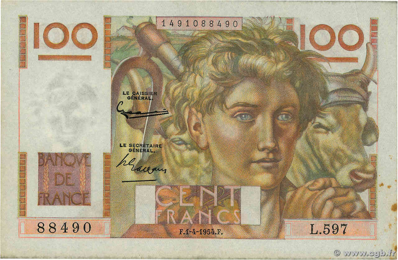 100 Francs JEUNE PAYSAN FRANCIA  1954 F.28.43 SPL