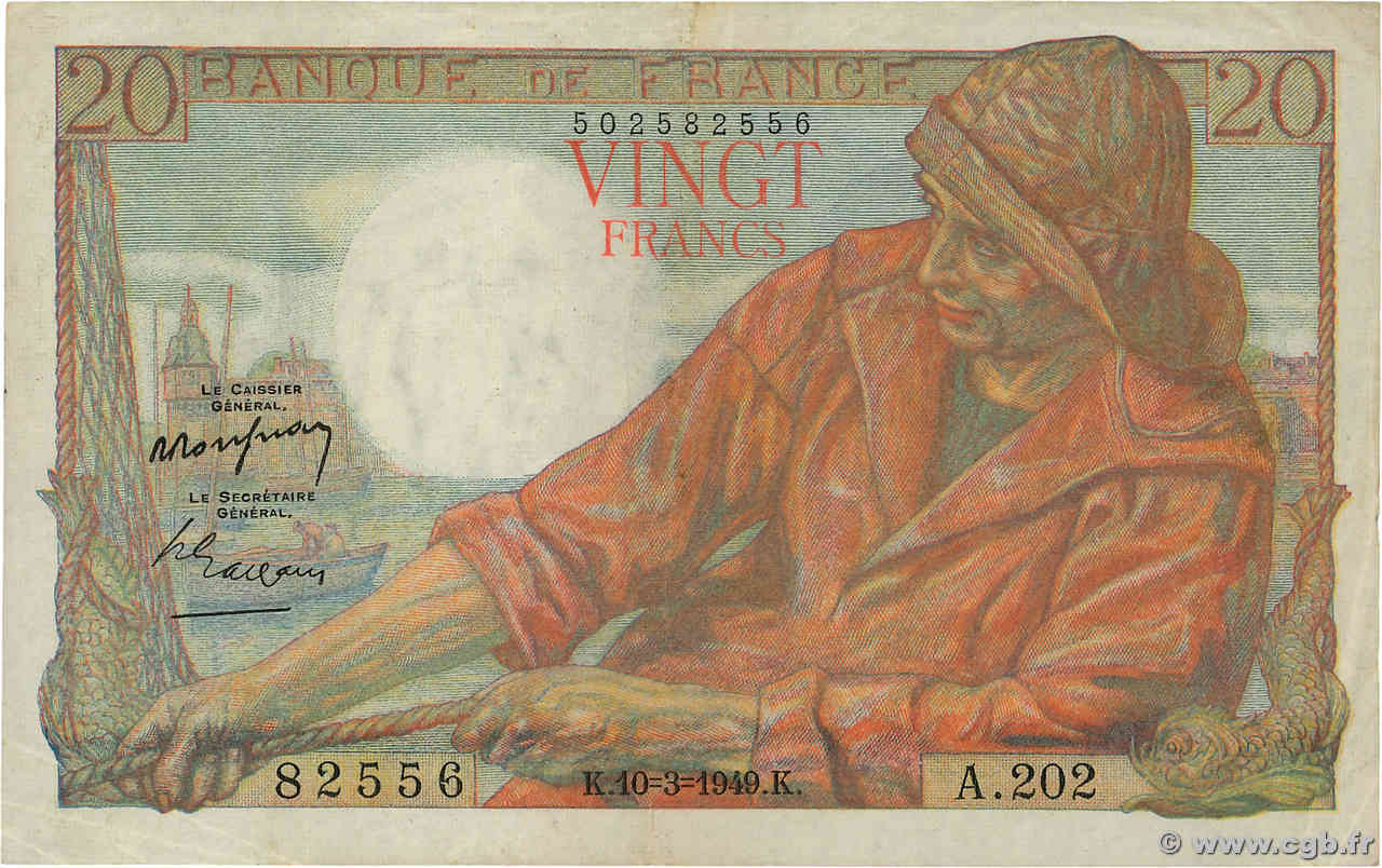 20 Francs PÊCHEUR FRANCE  1949 F.13.14 VF