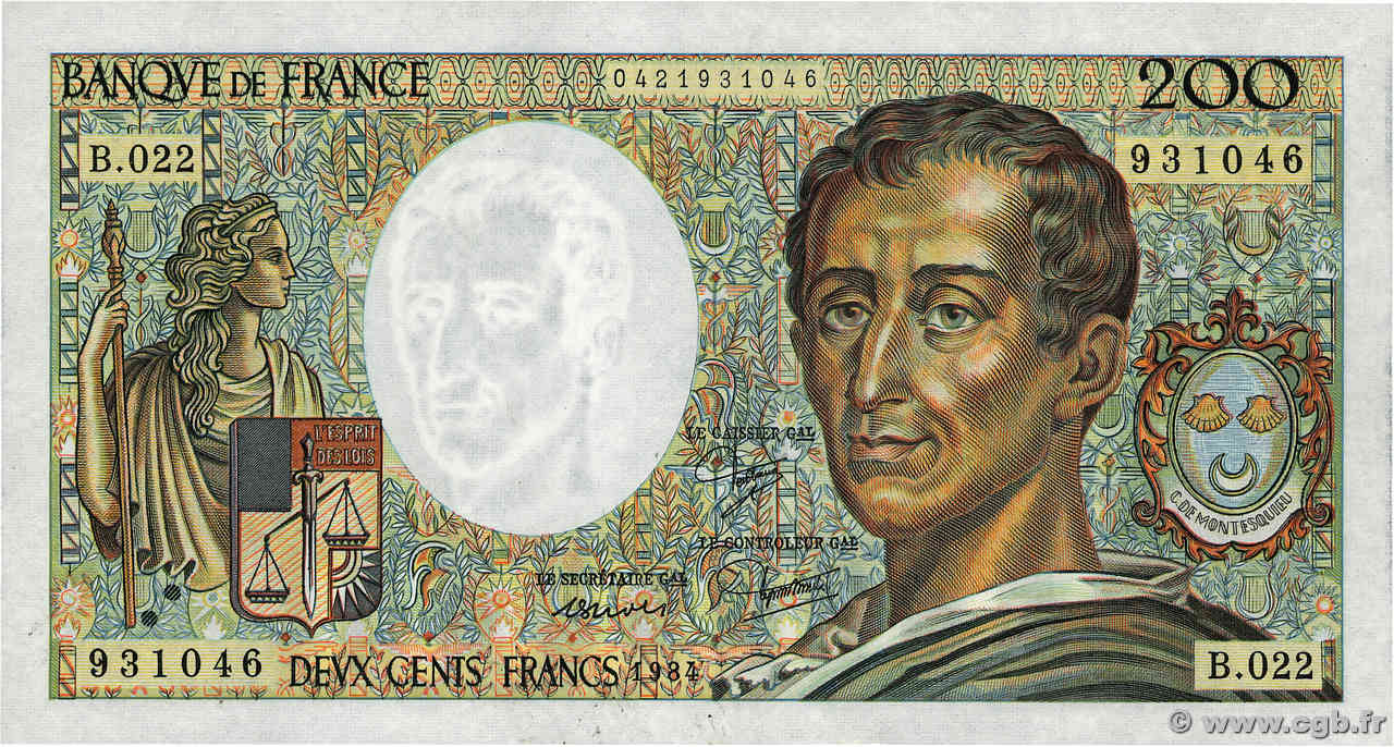 200 Francs MONTESQUIEU FRANCE  1984 F.70.04 SUP