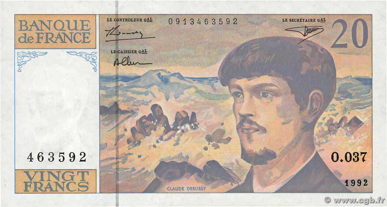 20 Francs DEBUSSY à fil de sécurité FRANCE  1992 F.66BIS.03 VF+