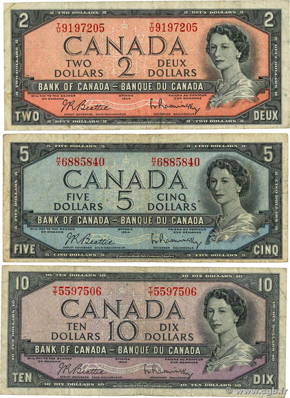 2, 5 et 10 Dollars Lot CANADá
  1954 P.076b, P.077b et P.079b BC