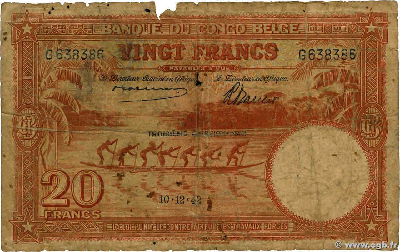 20 Francs CONGO BELGE  1942 P.15B pr.B