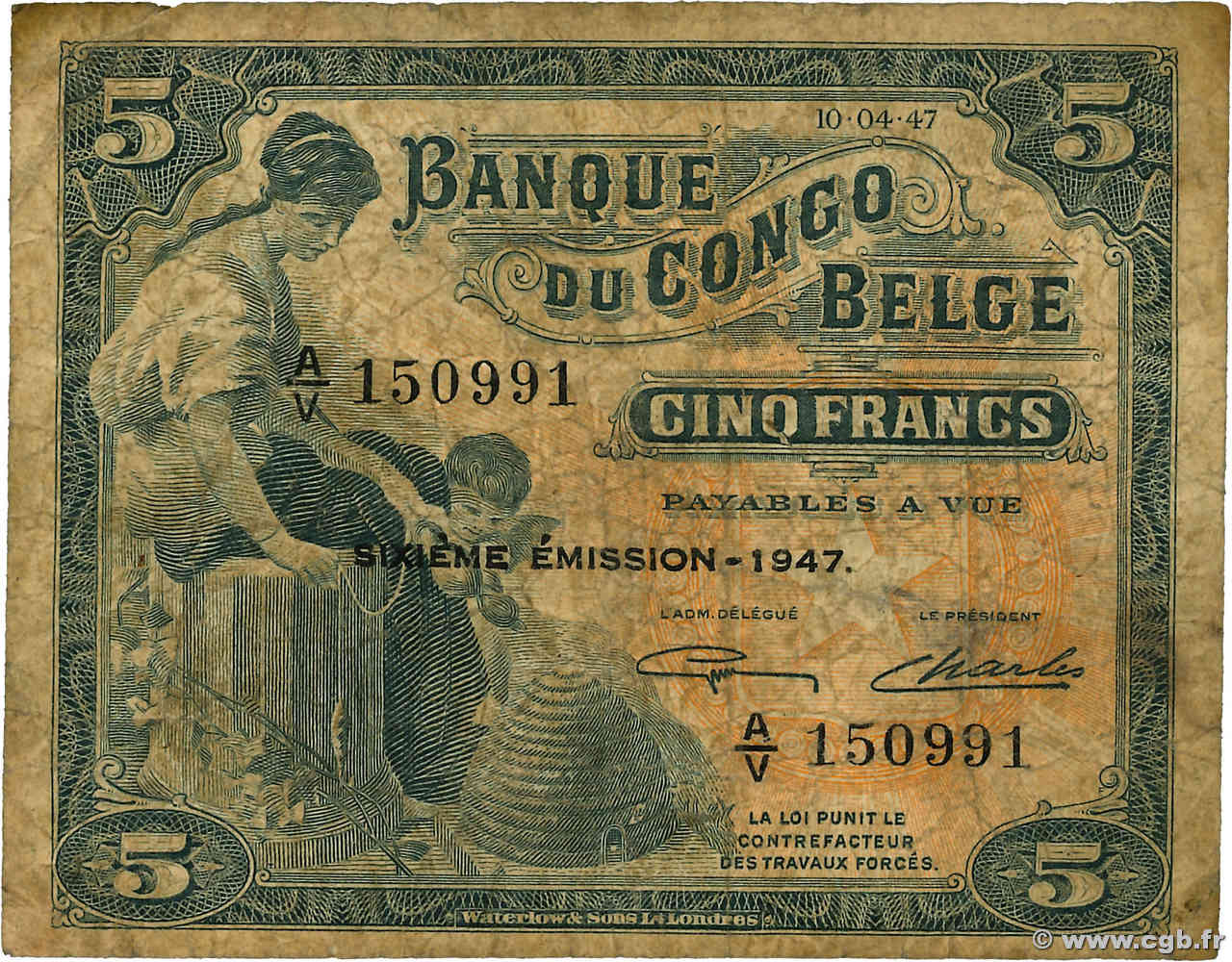 5 Francs BELGISCH-KONGO  1947 P.13Ad SGE