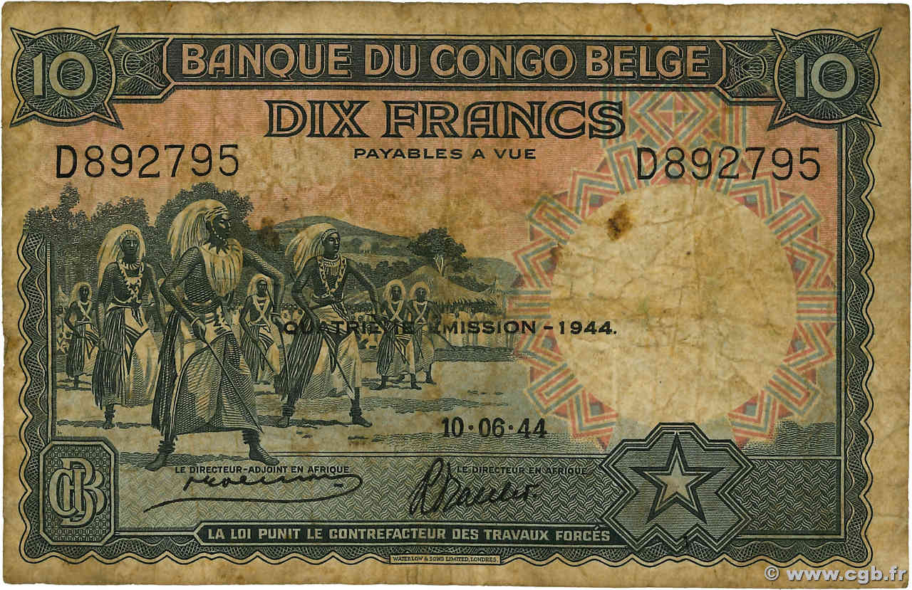 10 Francs BELGIAN CONGO  1944 P.14D G