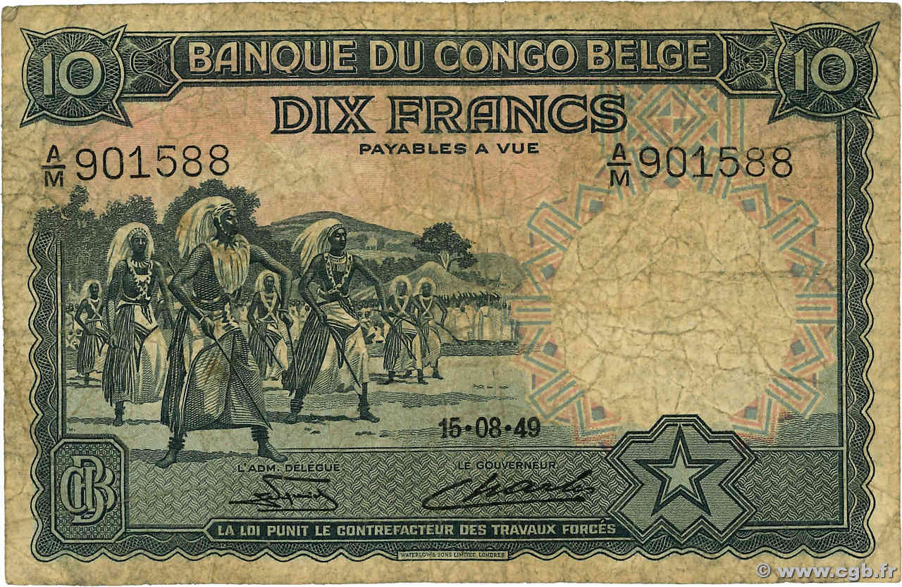 10 Francs CONGO BELGE  1949 P.14E B