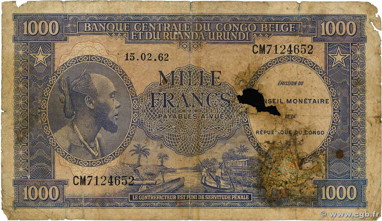 1000 Francs RÉPUBLIQUE DÉMOCRATIQUE DU CONGO  1962 P.002 AB