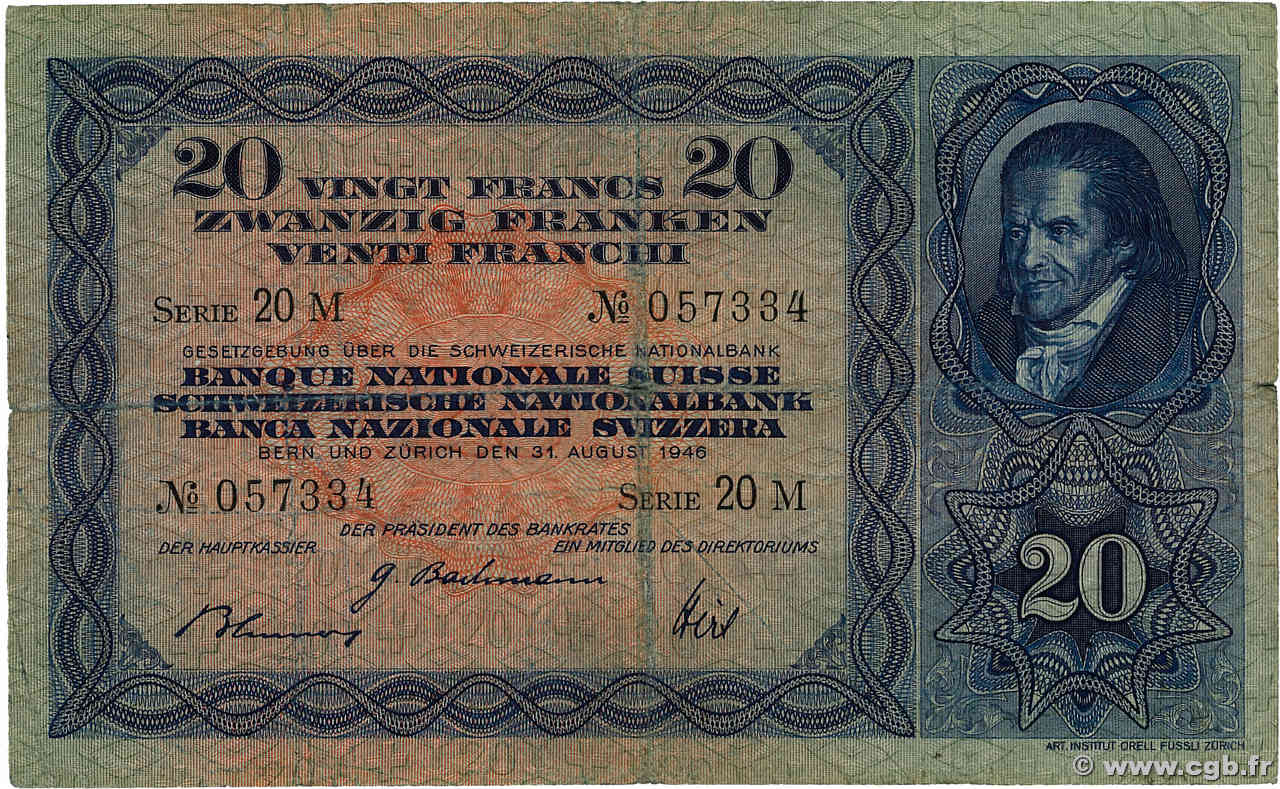 20 Francs SWITZERLAND  1946 P.39 F