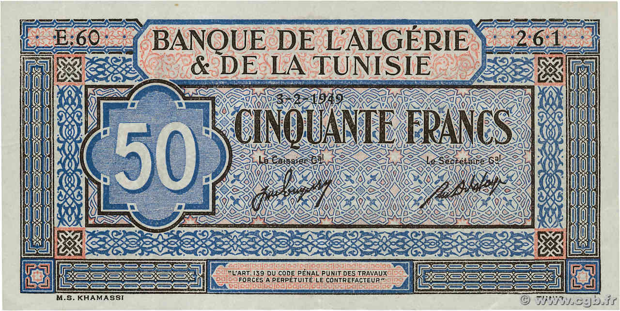 50 Francs TUNISIE  1949 P.23 TTB