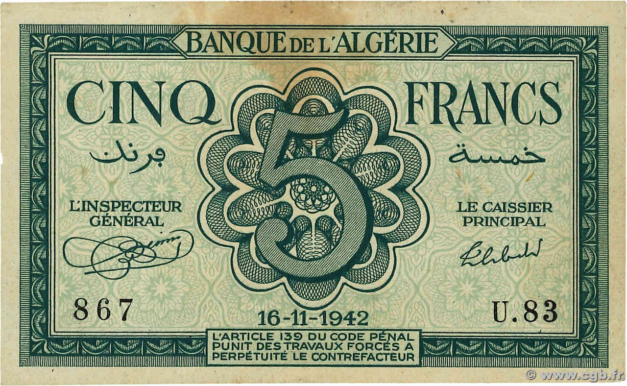 5 Francs ALGÉRIE  1942 P.091 SUP