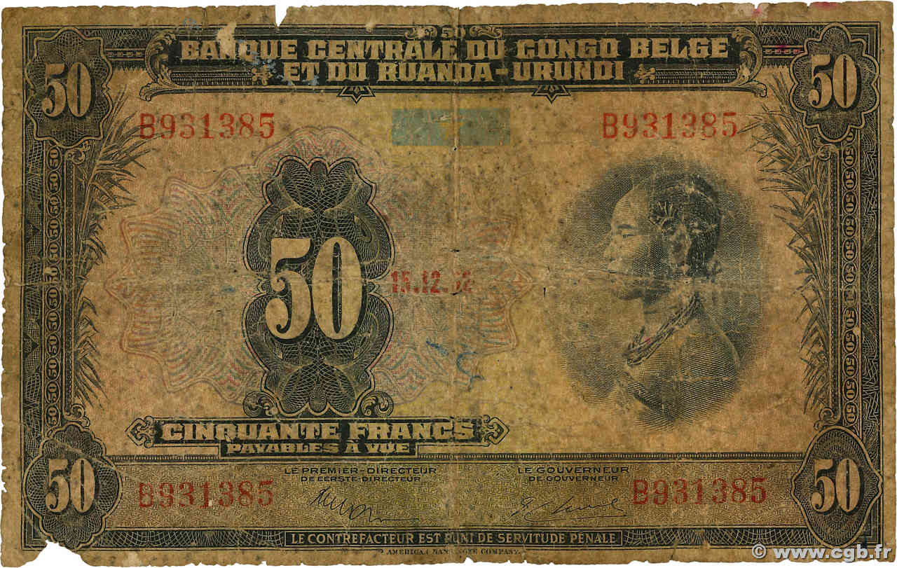 50 Francs CONGO BELGE  1952 P.24a AB