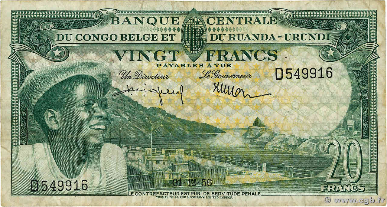 20 Francs CONGO BELGE  1956 P.31 TB