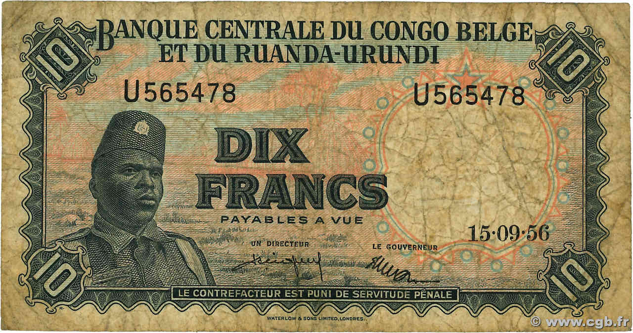 10 Francs CONGO BELGE  1956 P.30b B