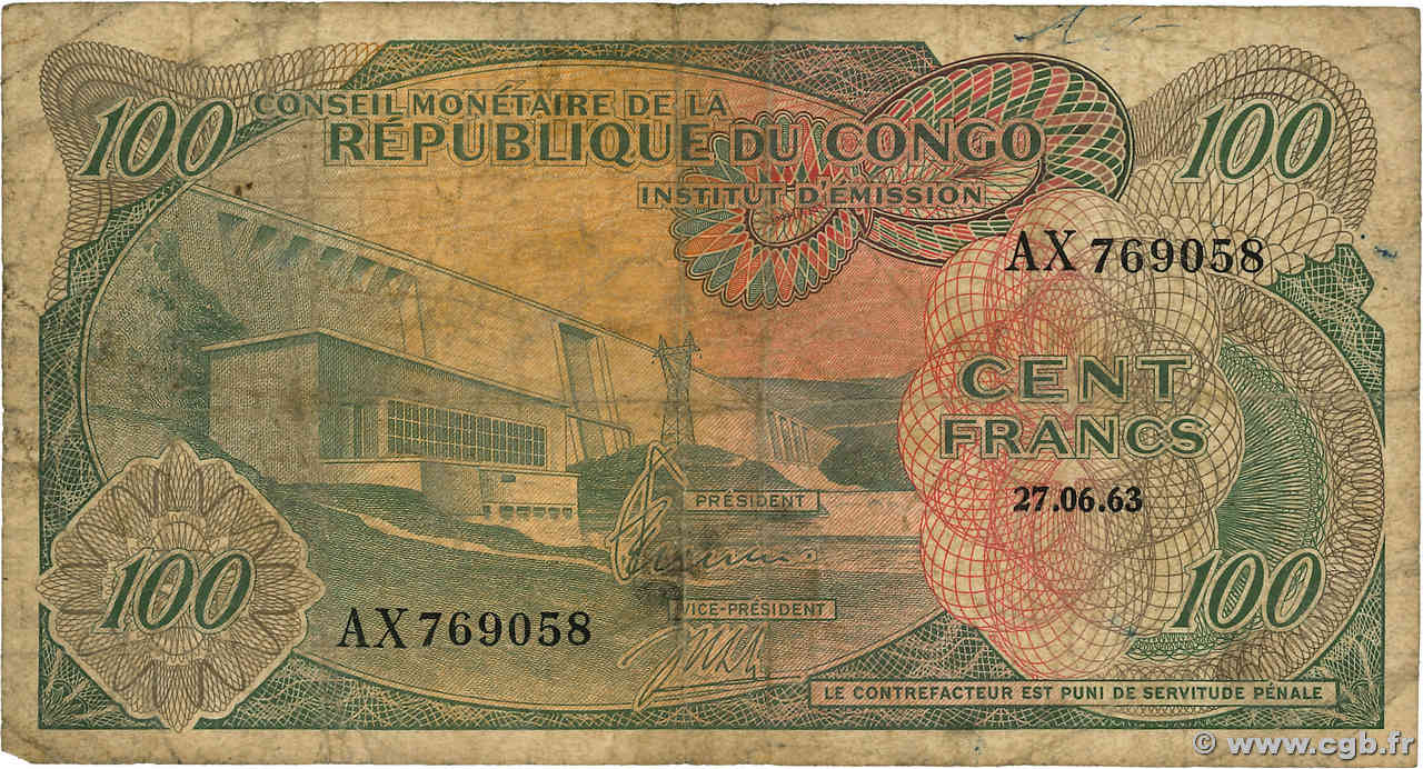 100 Francs RÉPUBLIQUE DÉMOCRATIQUE DU CONGO  1963 P.001 B