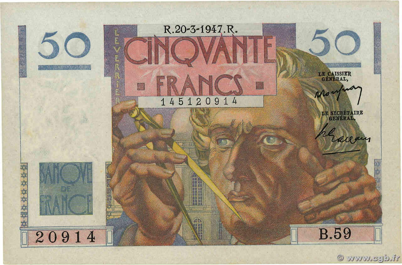 50 Francs LE VERRIER FRANCE  1947 F.20.07 AU+