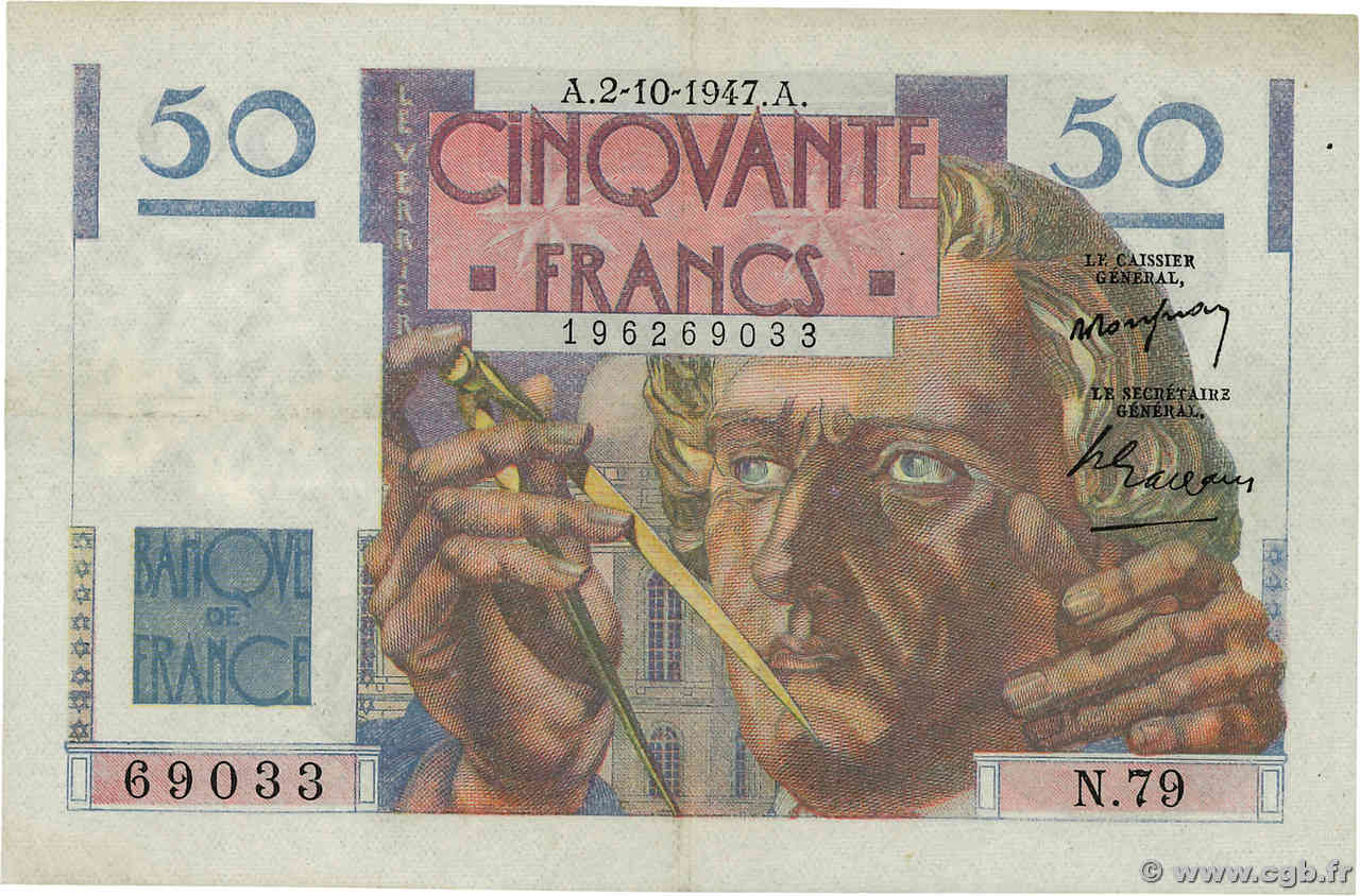 50 Francs LE VERRIER FRANKREICH  1947 F.20.09 fVZ