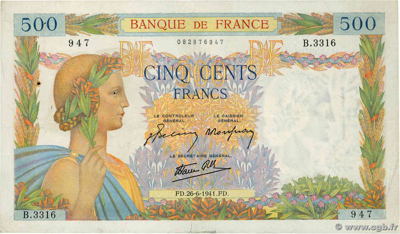 500 Francs LA PAIX FRANKREICH  1941 F.32.19 fSS