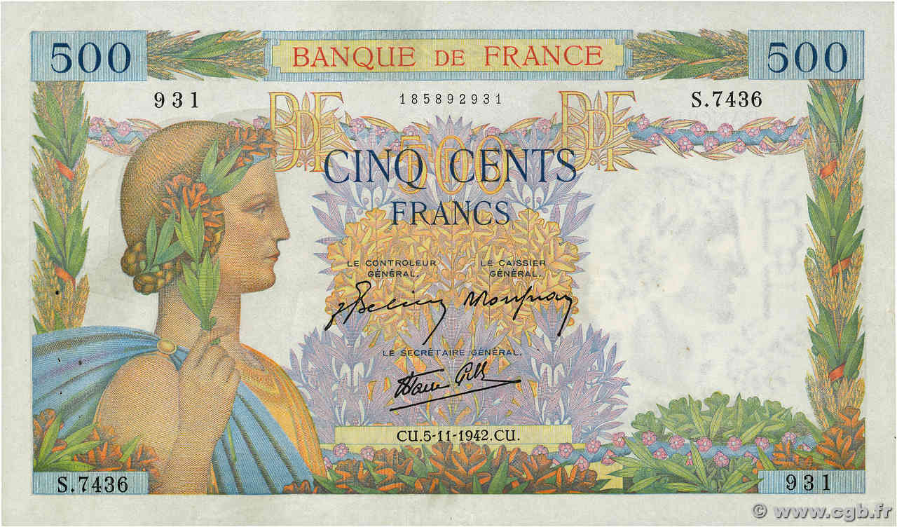 500 Francs LA PAIX FRANCIA  1942 F.32.43 MBC+