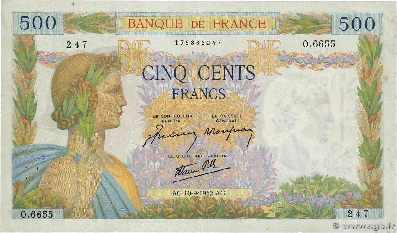 500 Francs LA PAIX FRANCIA  1942 F.32.40 MBC