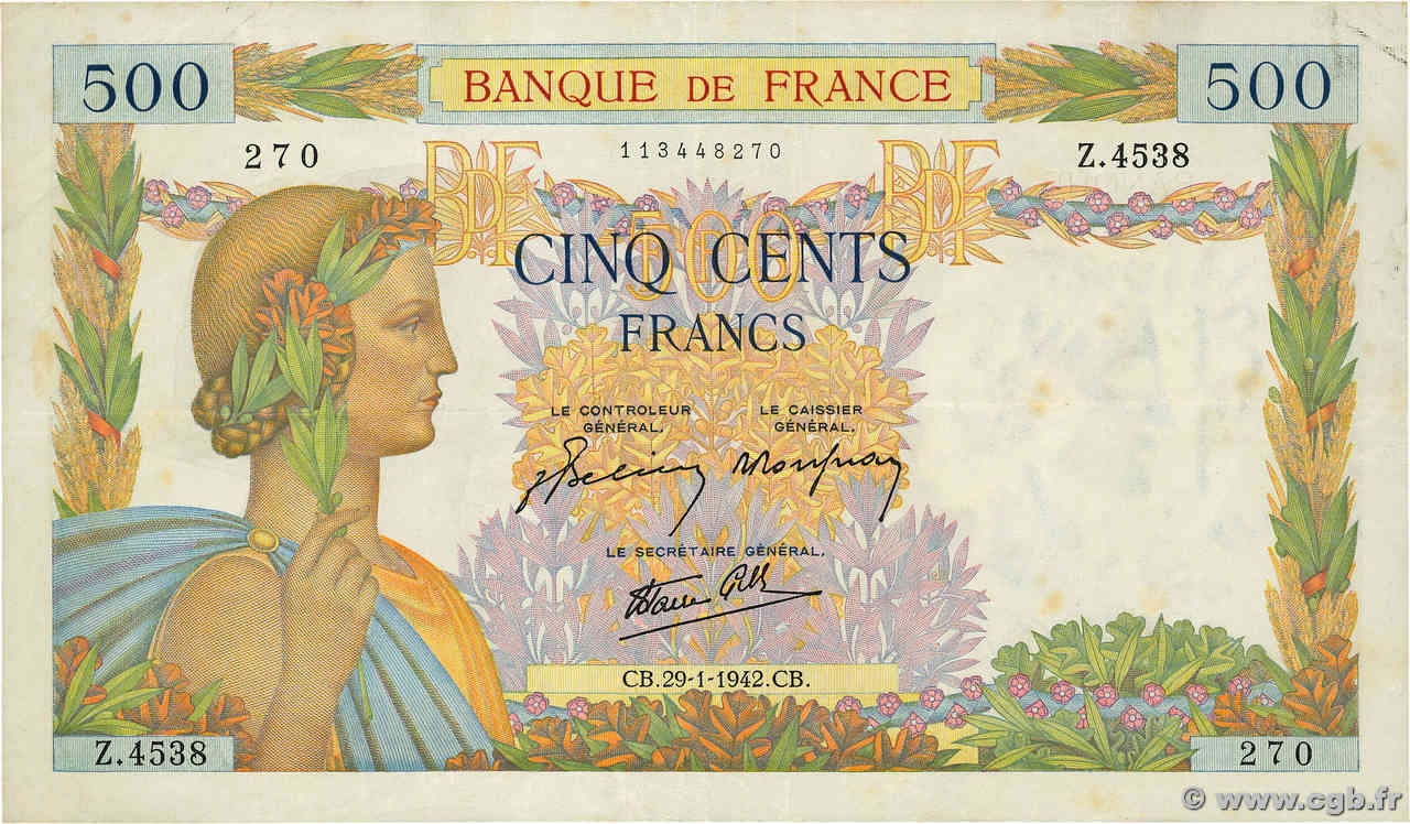 500 Francs LA PAIX FRANCE  1942 F.32.28 TTB