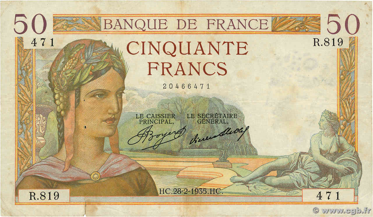 50 Francs CÉRÈS FRANKREICH  1935 F.17.05 S