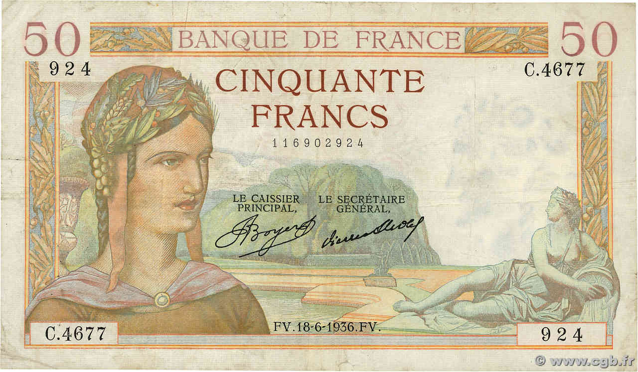 50 Francs CÉRÈS FRANKREICH  1936 F.17.27 fSS