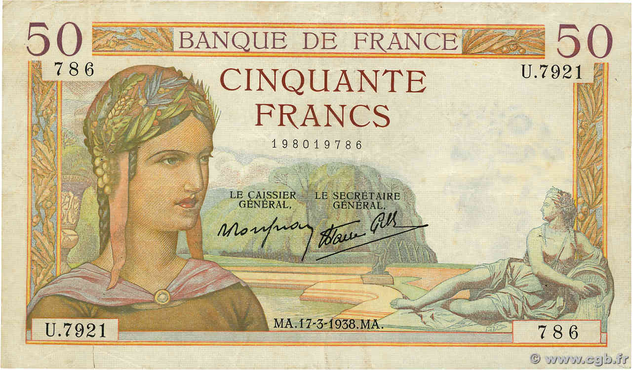 50 Francs CÉRÈS modifié FRANCE  1938 F.18.10 TB+